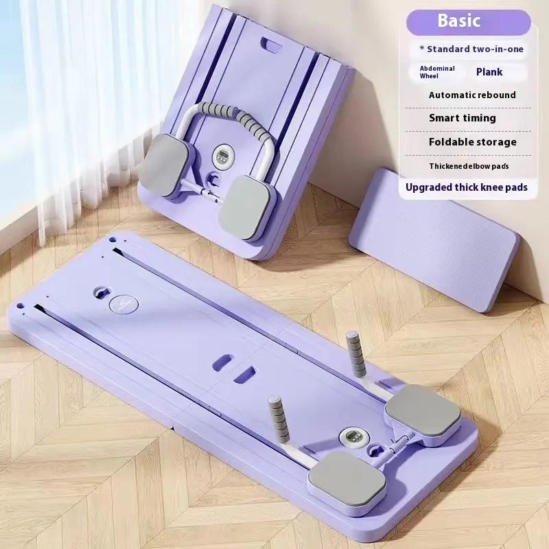 Standard purple multi-functional fitness board with automatic rebound abdominal wheel for home exercise.