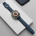 Fluoro rubber watch strap with T-buckle for Apple Watch Ultra and Series models in multiple colours.