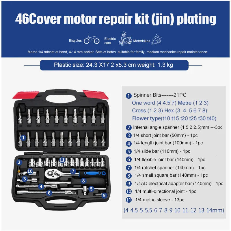 Cr-V chromium vanadium steel socket ratchet wrench set with nickel-plated finish for DIY and auto repair.