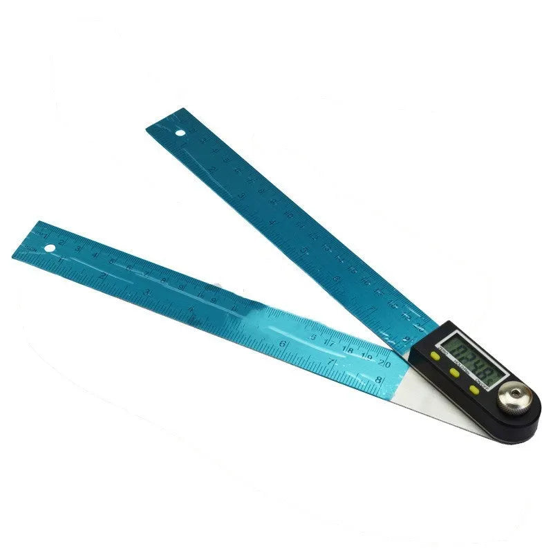 Stainless steel electronic digital display angle ruler measuring tool on workshop surface
