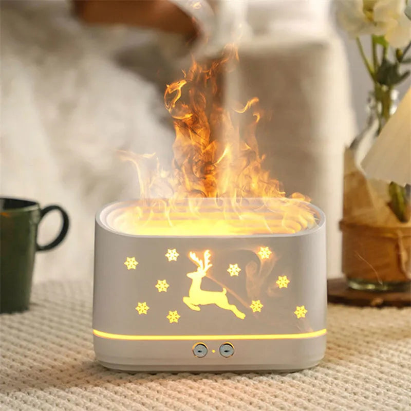 White round Elk flame effect humidifier and essential oil diffuser with USB cable