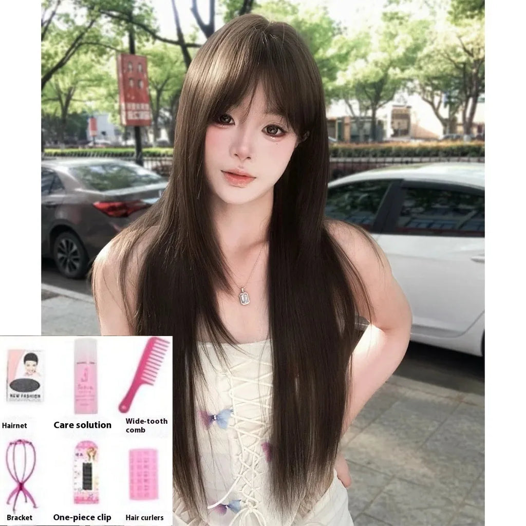 Brown black high-temperature fibre wig with seven-piece net construction for volume enhancement
