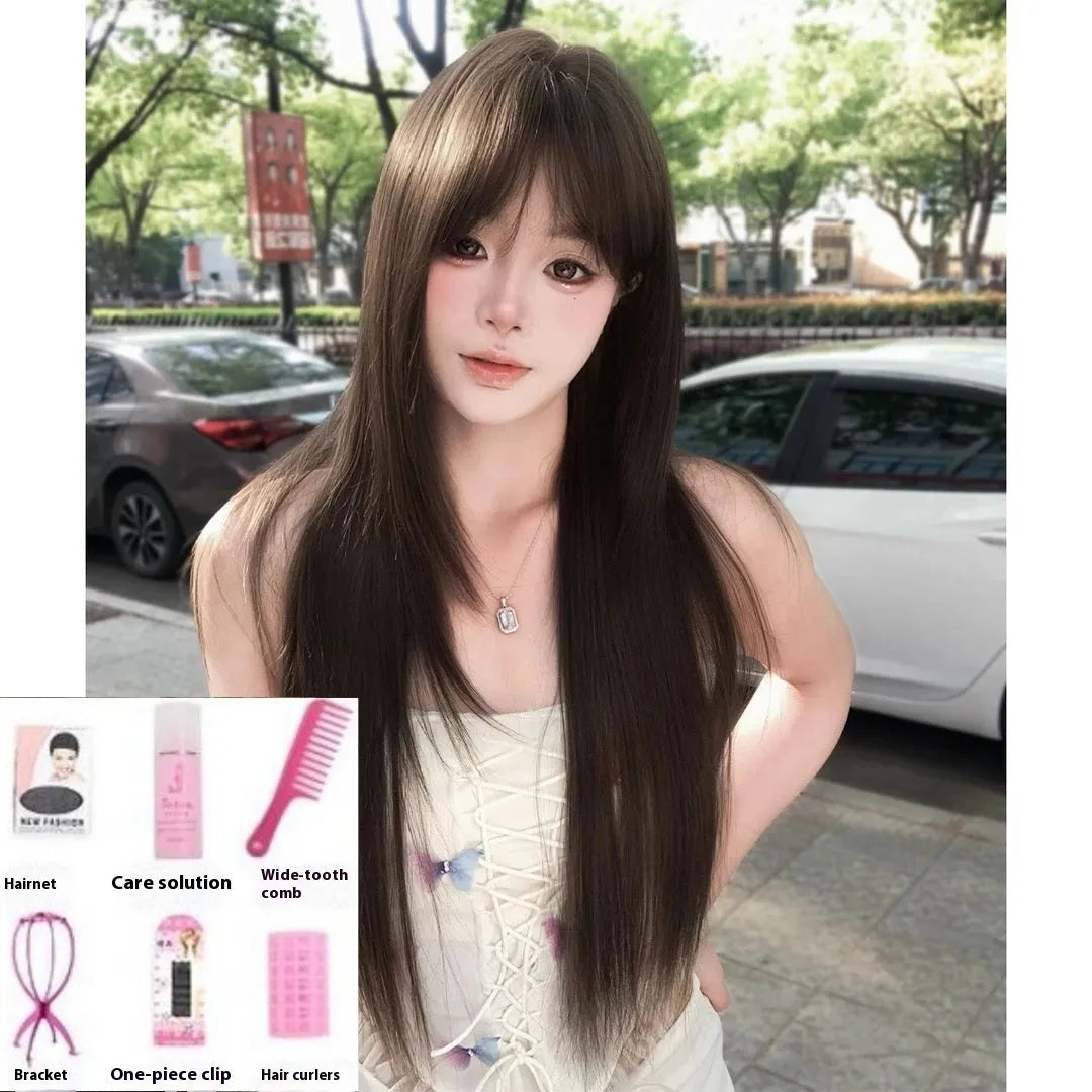 Brown black high-temperature fibre wig with seven-piece net construction for volume enhancement