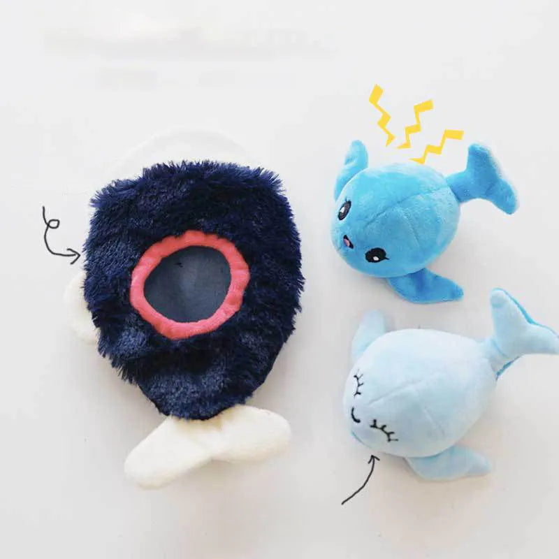 Blue plush dog toy with sound feature and hidden food pocket for treats, chewable boredom relief tool.