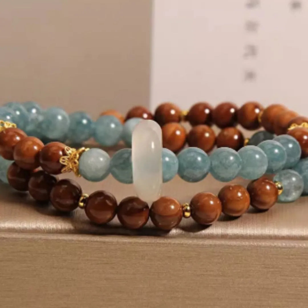 Double ring bracelet for women, natural crystal and semi-precious stone, cook blue water jade colour, electroplated finish