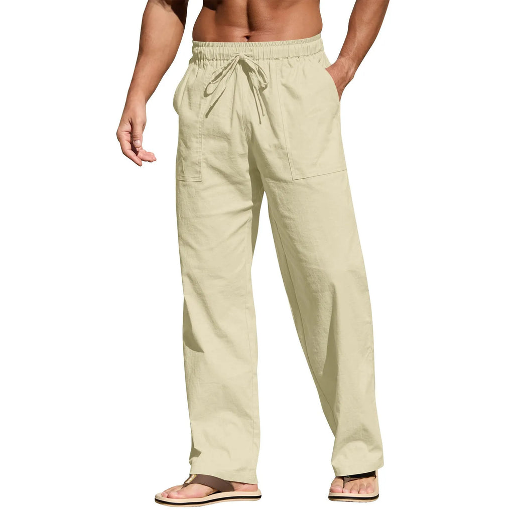 Men's straight-leg cotton linen trousers with drawstring elastic waist in light blue colour