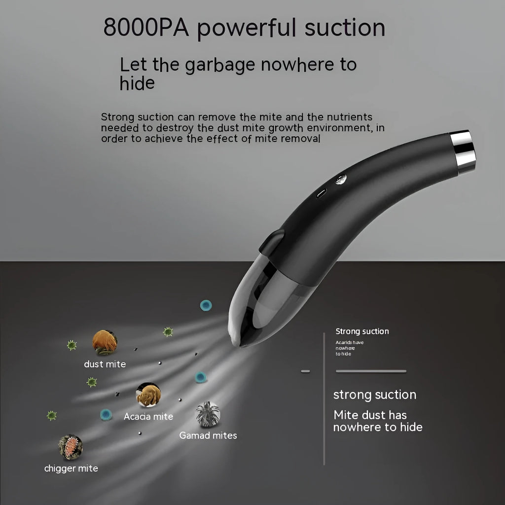 Handheld cordless car vacuum cleaner in black, showing nozzle and compact design