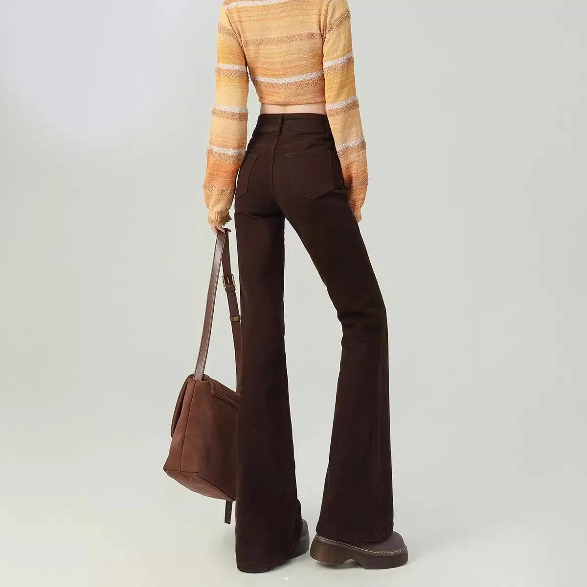 Brown high-waisted flared pants with double button, cotton, straight leg, petite fit.