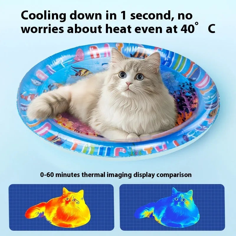 Blue inflatable pet water bed with dolphin design, showing water filling port.