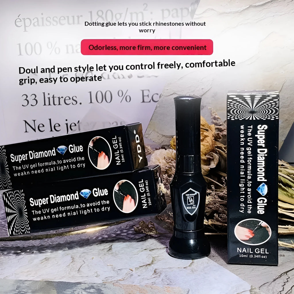 Nail art gem glue set with three black iron-handle dotting pens and glue bottle