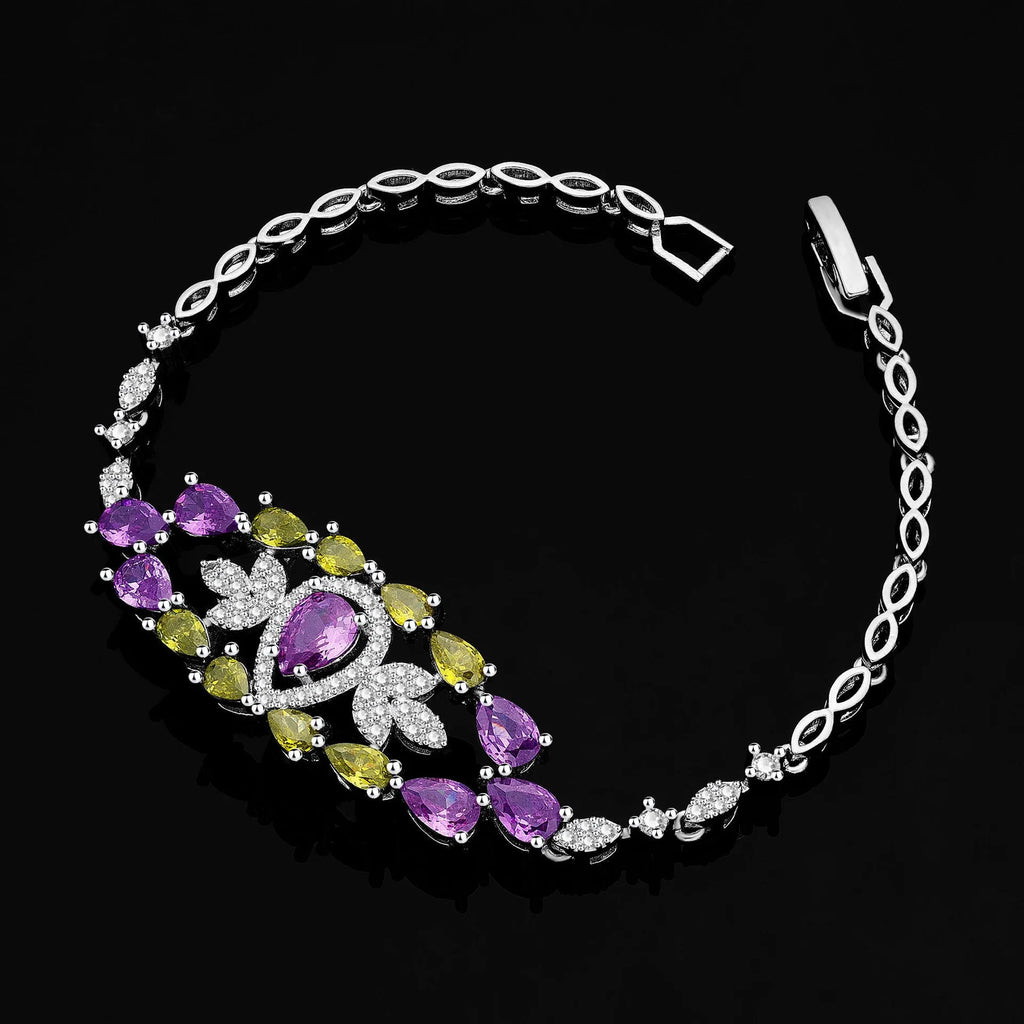 White colour zirconium jewellery 4-piece set with plants and flowers pattern, including necklace earrings ring and bracelet