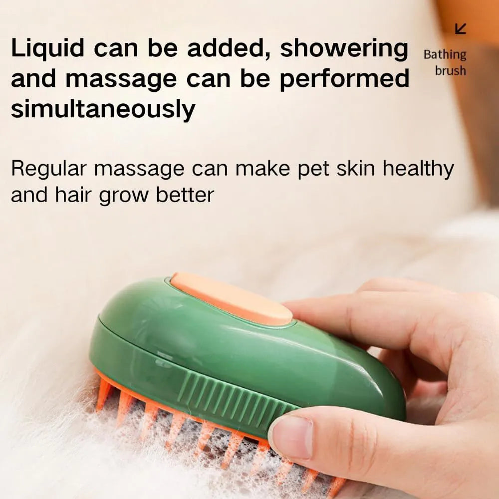 Green and white 3-in-1 cat steam brush with silicone bristles and water spray nozzle.