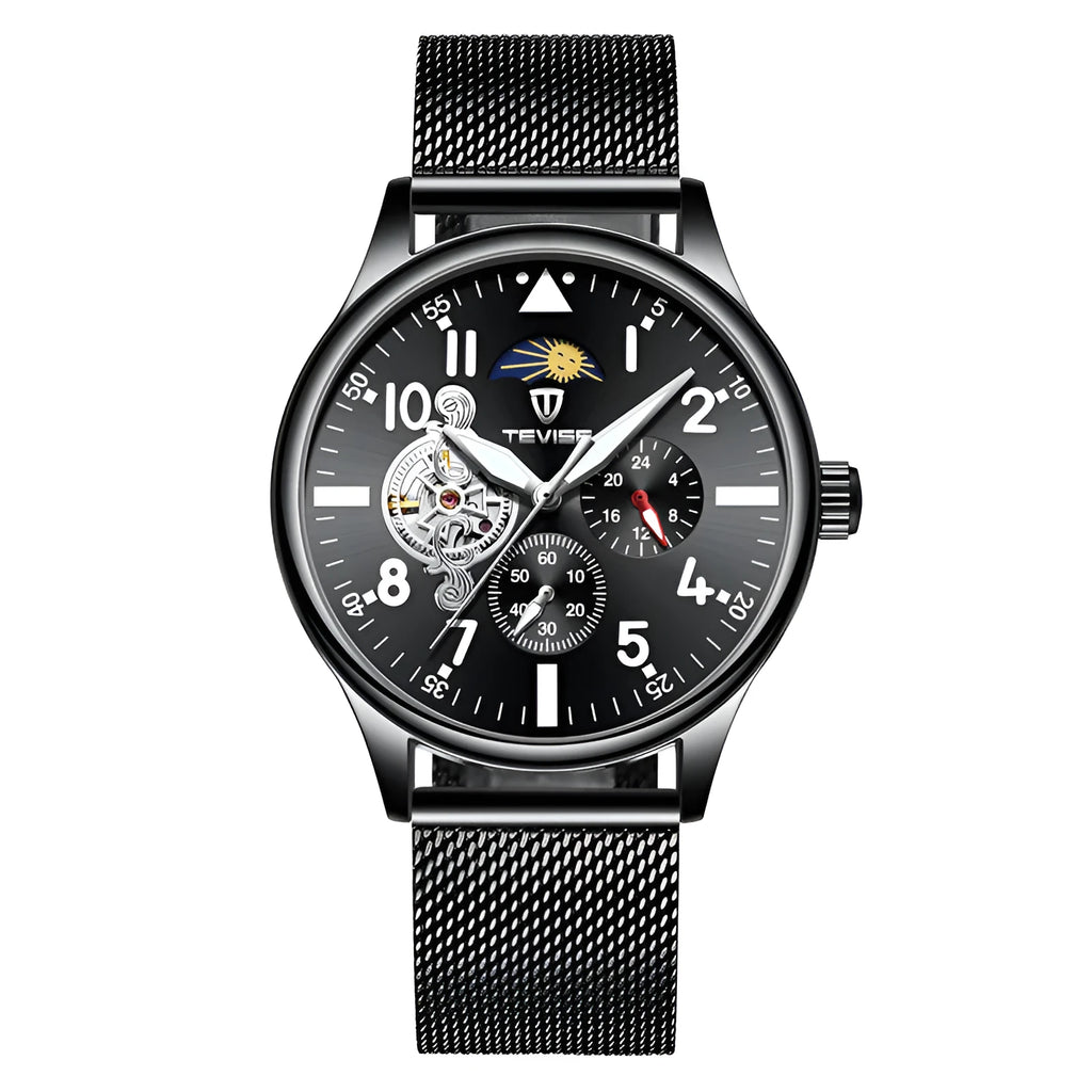 Black men's mechanical watch with moon phase indicator and luminous hands on 41mm alloy case
