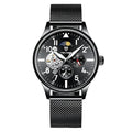 Black men's mechanical watch with moon phase indicator and luminous hands on 41mm alloy case