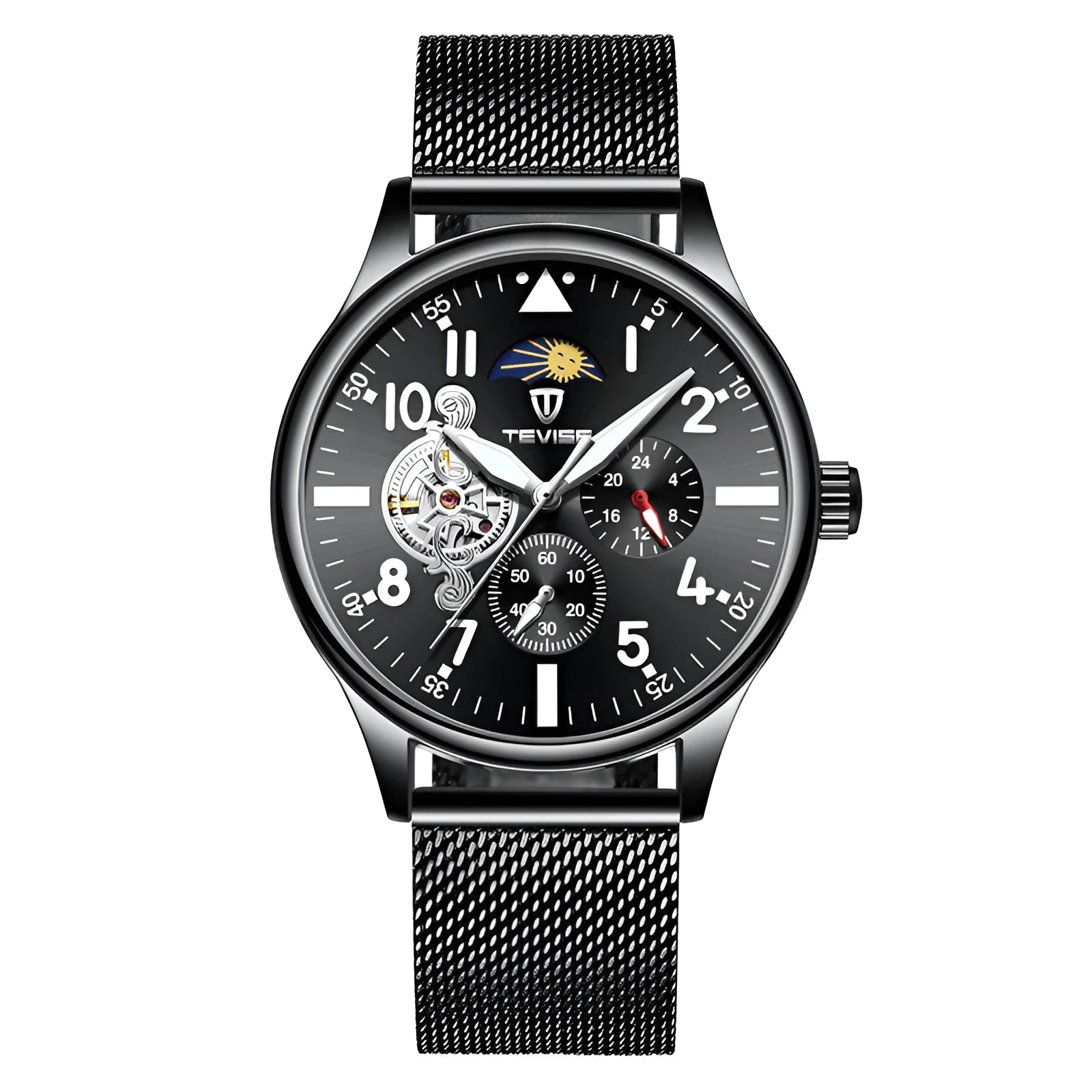 Black men's mechanical watch with moon phase indicator and luminous hands on 41mm alloy case