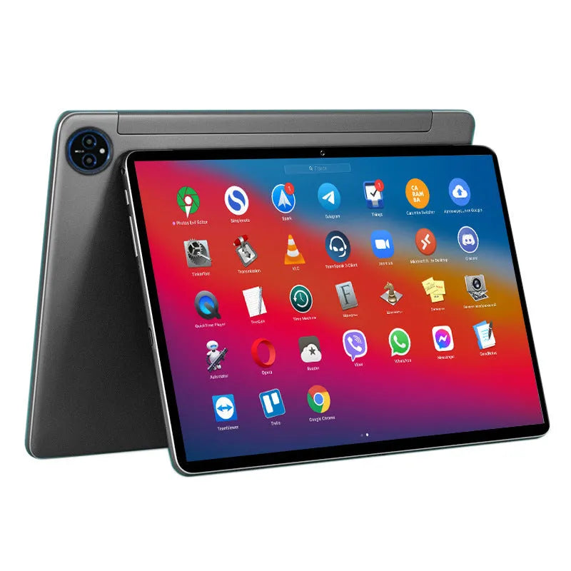 10-inch business tablet in bare metal blue with leather keyboard case open showing keyboard and screen