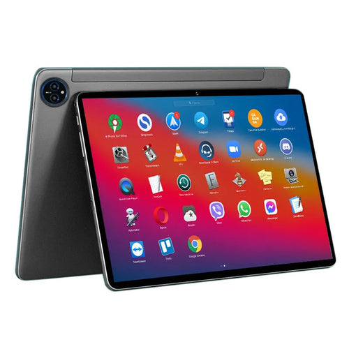 10-inch business tablet in bare metal blue with leather keyboard case open showing keyboard and screen