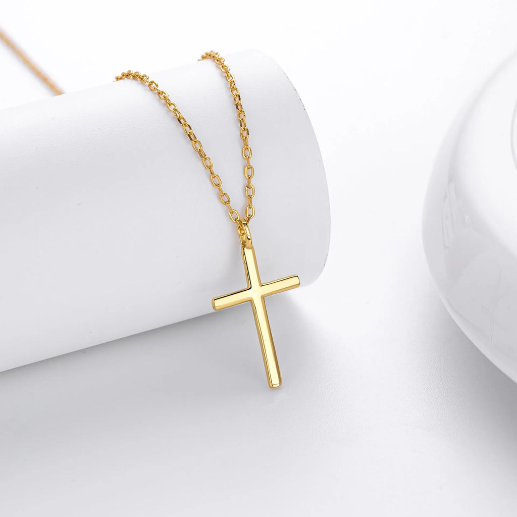 S925 sterling silver necklace with glossy cross pendant on O-chain in gold, platinum, or rose gold plating.