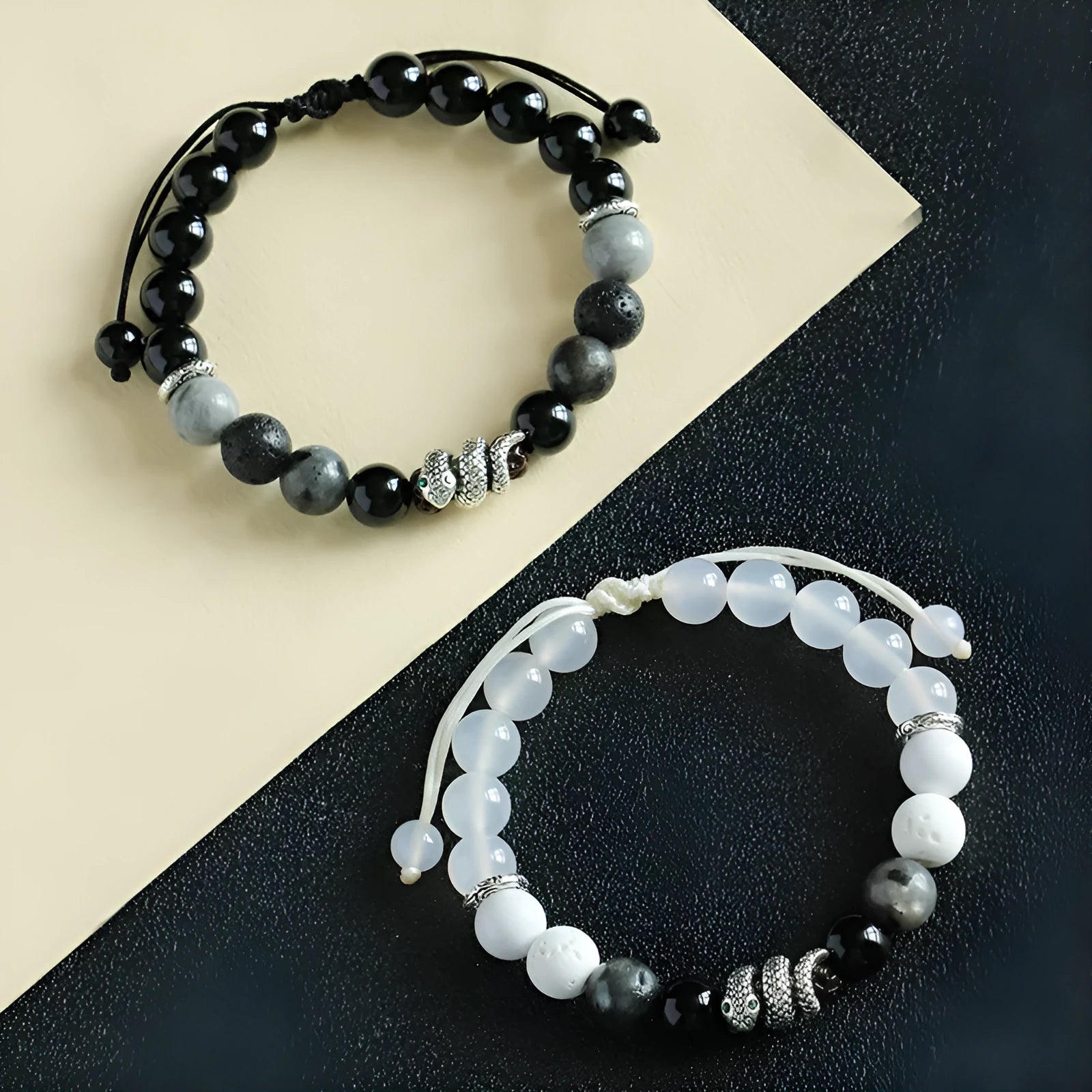 Agate couple bracelet set with blessing snake pattern in black and white options featuring white turquoise accents