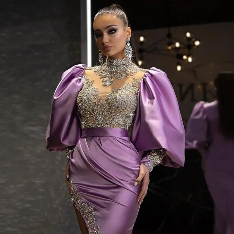 Dress with Princess Sleeves Sheath Trailing Temperament Solid Colour High Waist Swing Long Skirt Chest Wrap Style for Commute and Office Purple Polyester Fiber S M L XL XXL