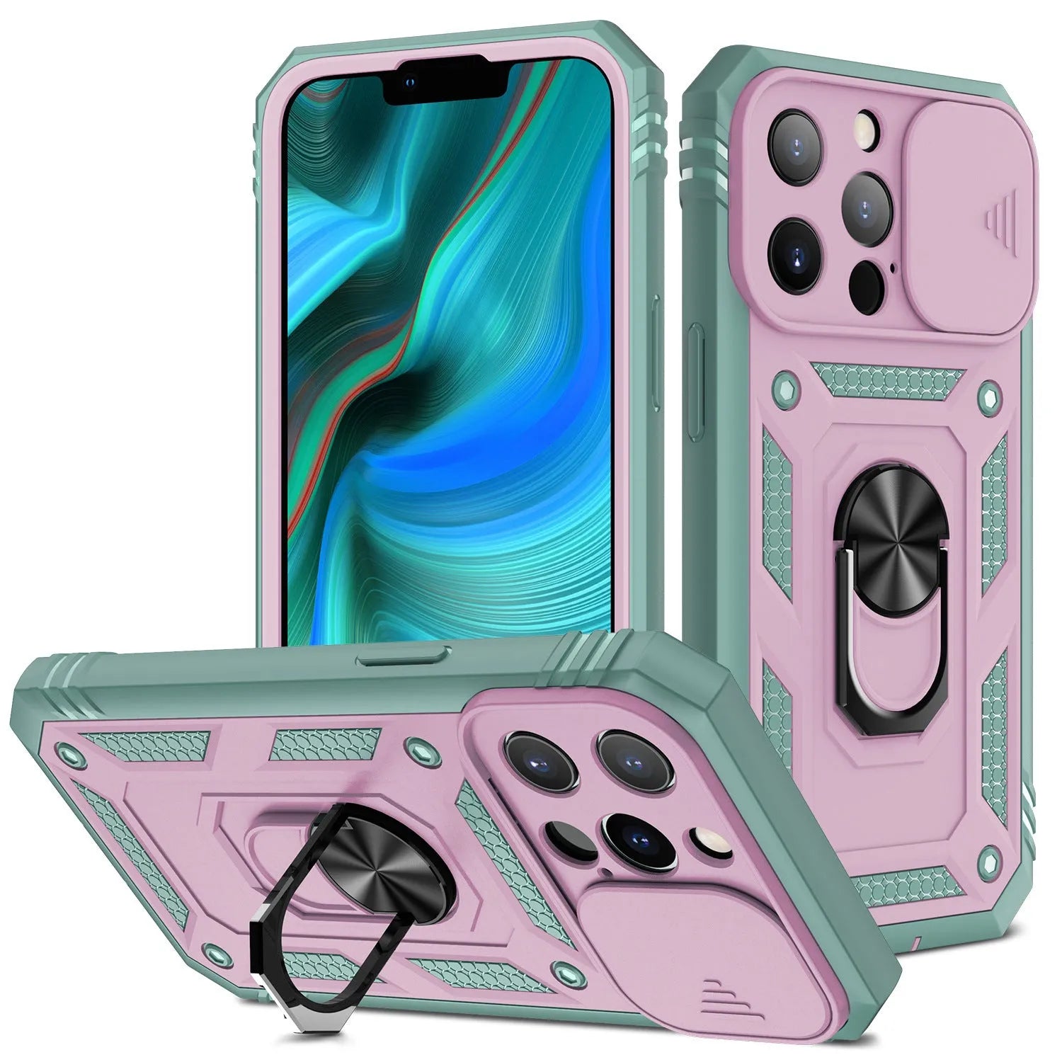 Magnetic iPhone case with sliding window bracket in sapphire blue and grey green colour options