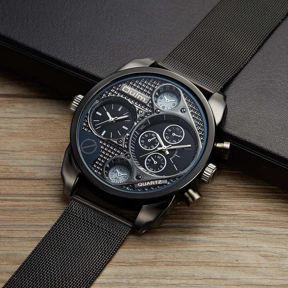 Men's watch with steel mesh belt, round alloy case, black dial, and pin buckle, 10mm thickness