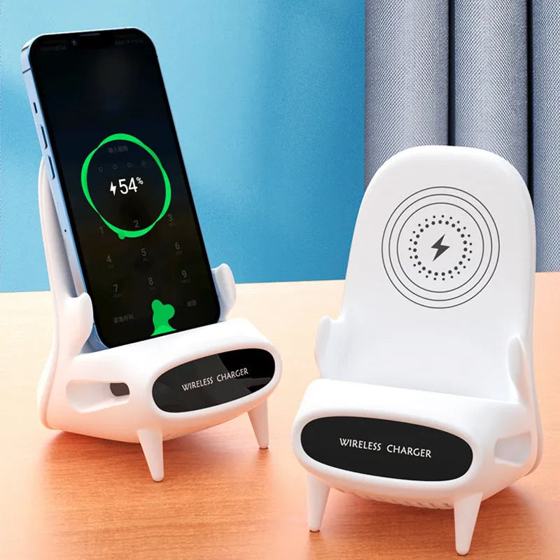 White mini chair-shaped wireless phone charger with 10W fast charging capability on desk
