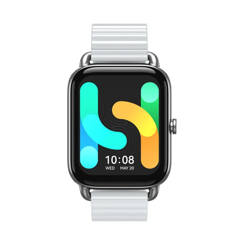 HAYLOU RS4 Plus black smartwatch with AMOLED display showing fitness stats on a wrist.