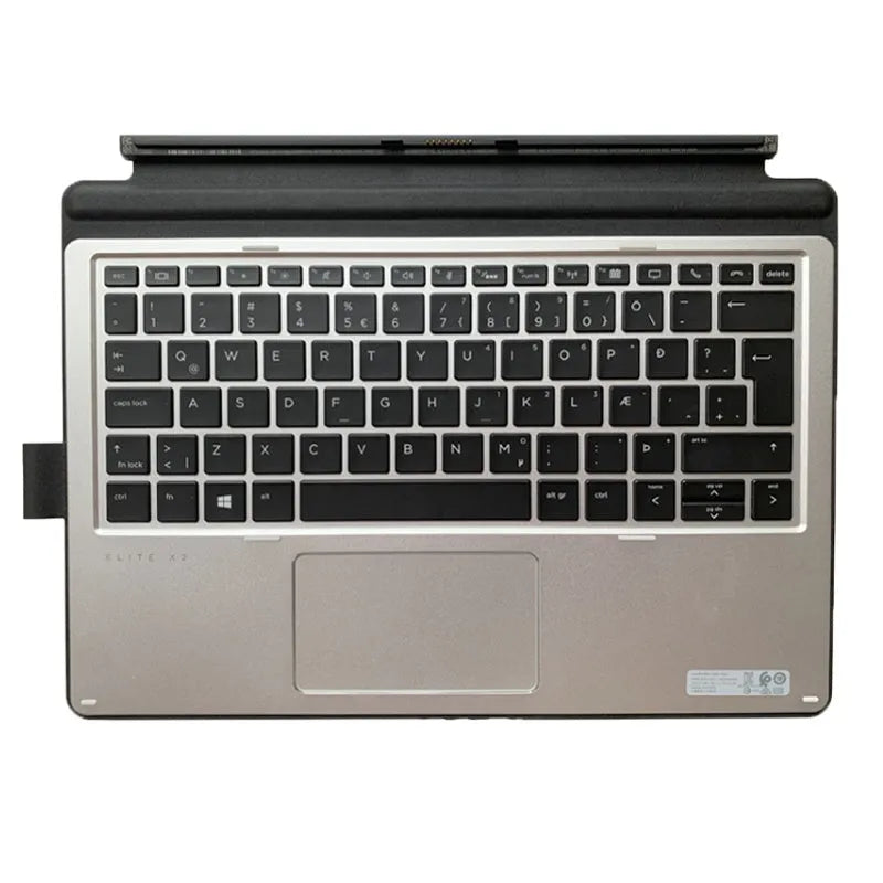 Wireless Bluetooth keyboard acting as a base for an HP Elite X2 tablet, showing multimedia keys.