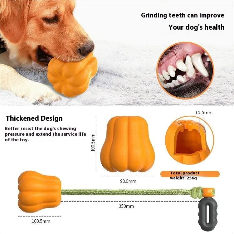 Pumpkin orange plastic dog chew toy with a woven rope handle for fetch.