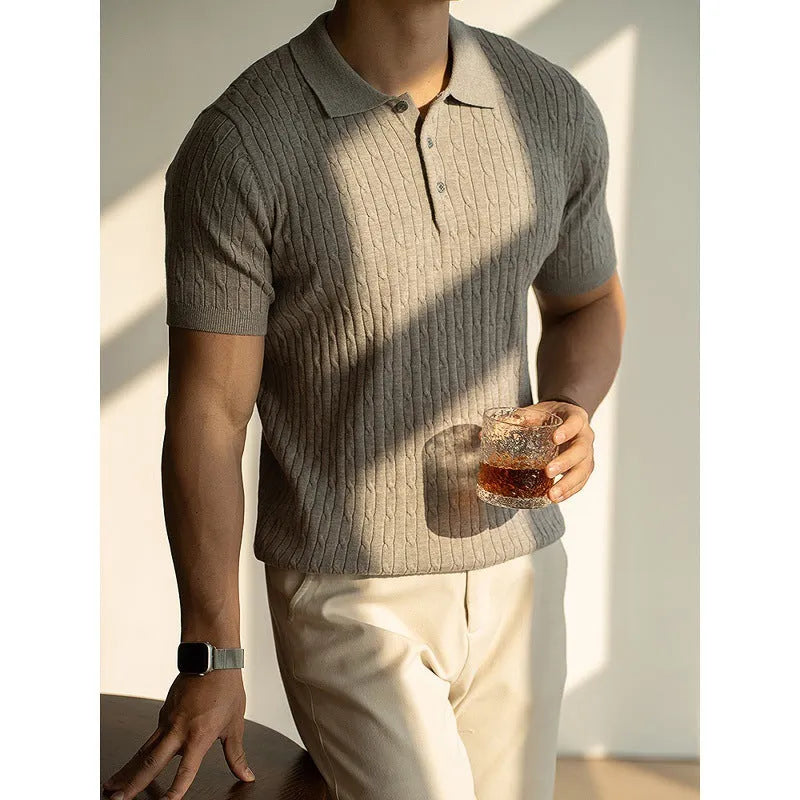 Man's short-sleeve business top in khaki, black, or white, featuring a mixed fabric blend for office wear.