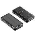 Industrial style 20000mAh power bank with solar charging unit and LED flashlight, black