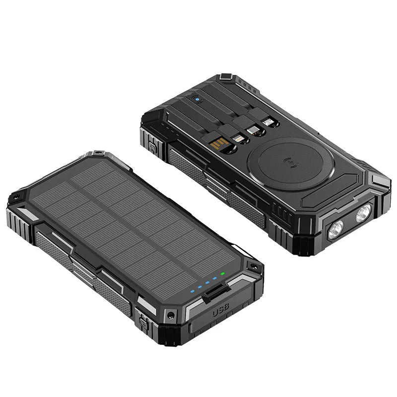 Industrial style 20000mAh power bank with solar charging unit and LED flashlight, black