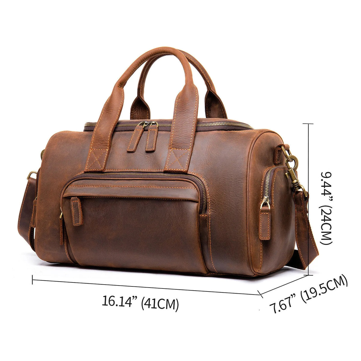 Handmade retro leather holdall 41x19.5x24cm in coffee with soft shoulder strap and multiple zip pockets