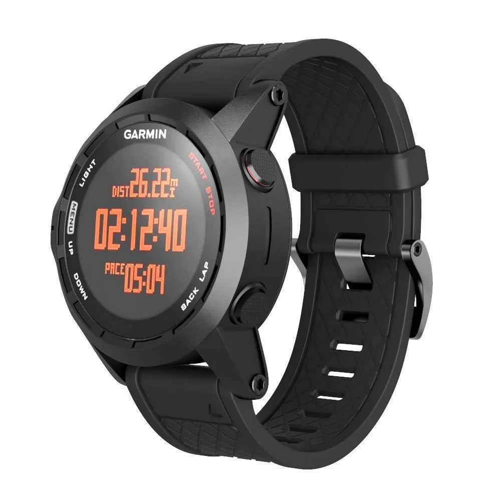 26mm wide black silicone watch strap with stainless steel buckle for Jiaming watches.
