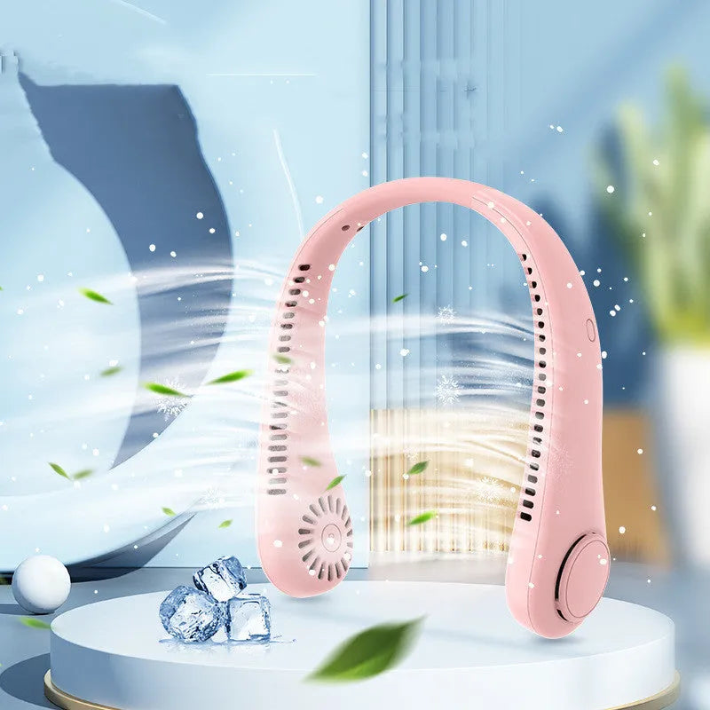 Rechargeable bladeless neck fan hanging around neck with hands-free design