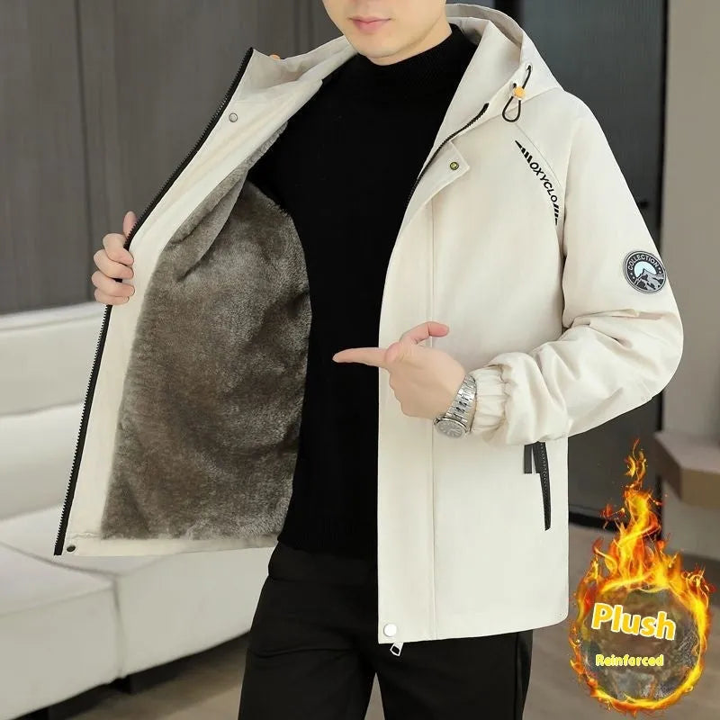 Men's casual hooded fleece-lined corduroy jacket in black, available in sizes M to 4XL