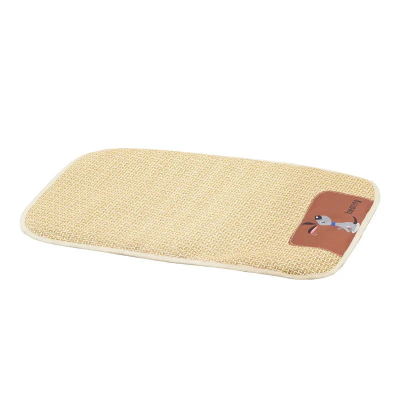 Beige woven pet cooling mat for cats and dogs, size M (75x55cm), laid on a wooden floor