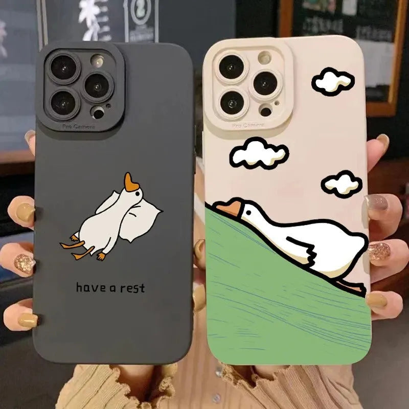 Cute carved cartoon duck design on a black silicone case for an iPhone.