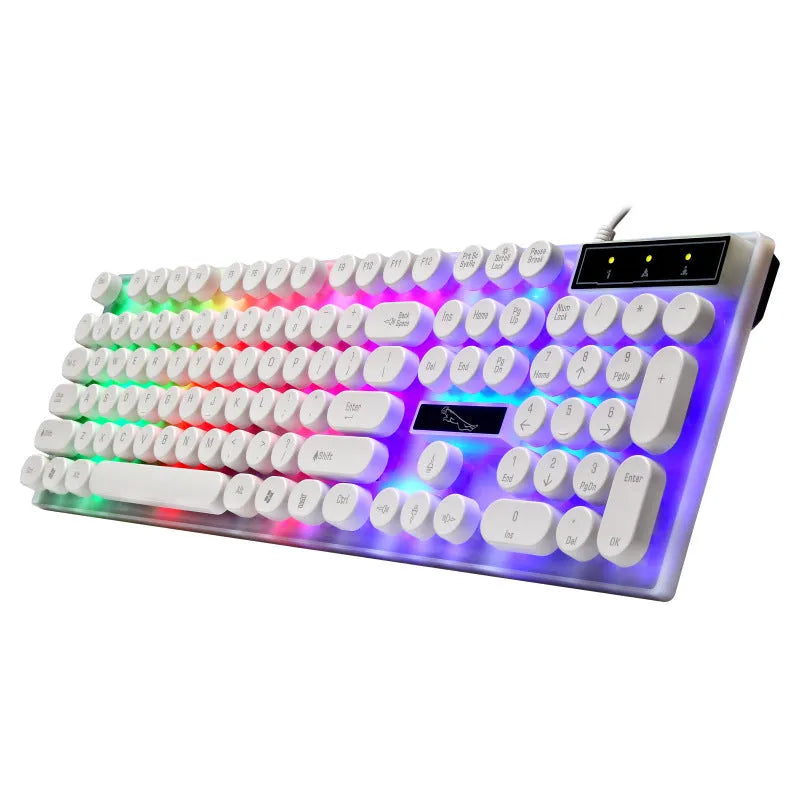 Black or white waterproof 104-key wired gaming keyboard with RGB backlight on a desk