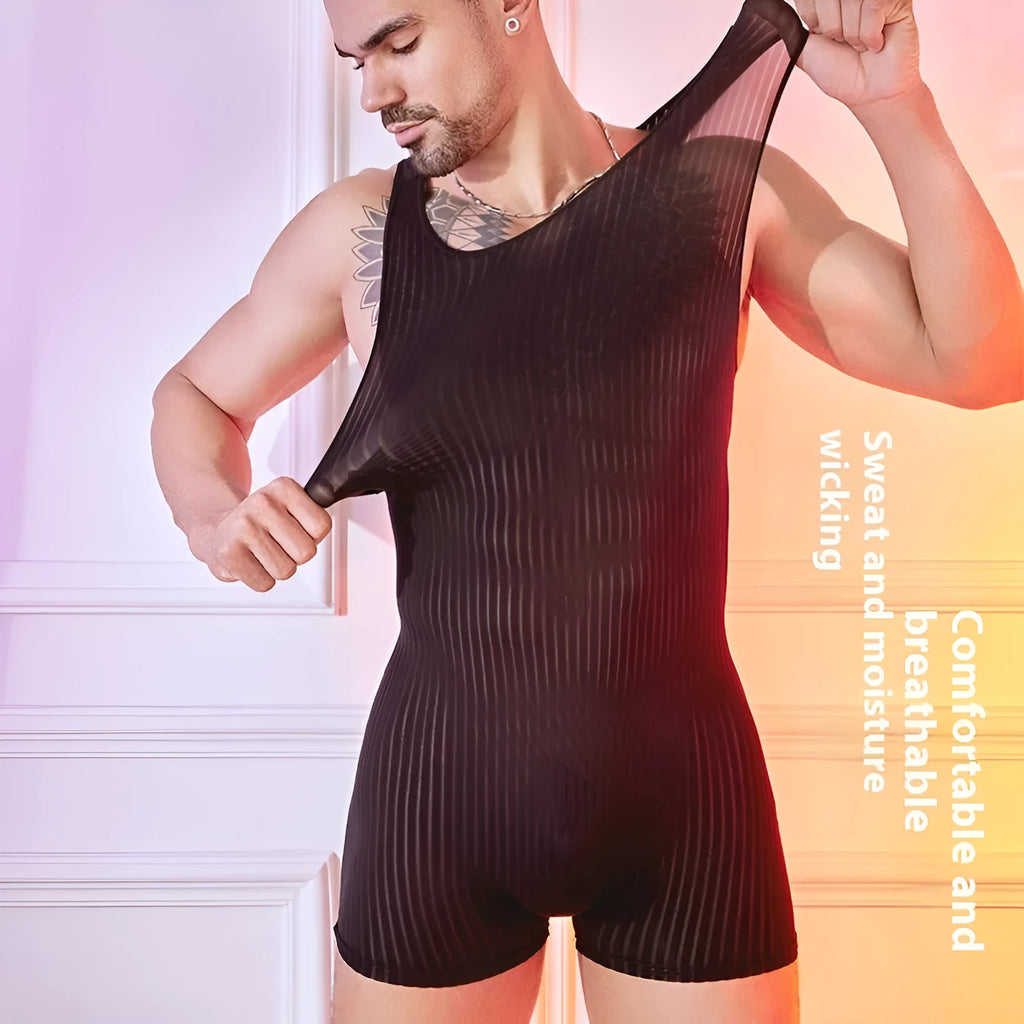 Men's striped nylon jumpsuit in black, dark grey, or white, showing vertical bar pattern.