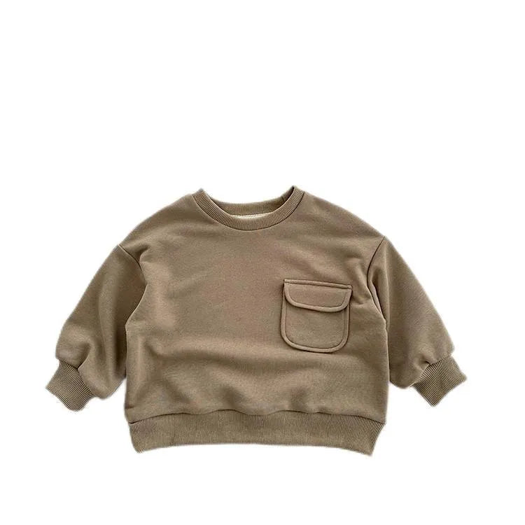 Solid colour cotton pullover for children with loose fit and pockets in Ivory White
