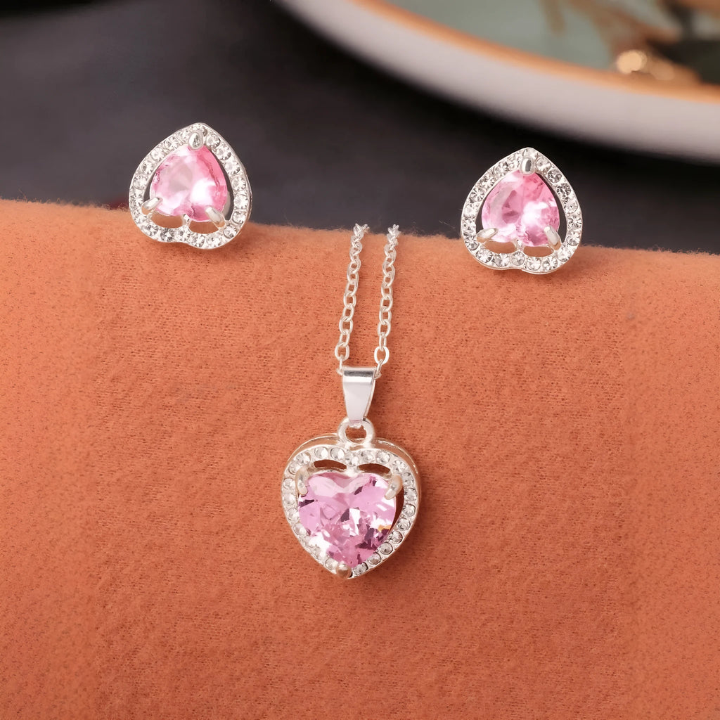Crystal zircon heart-shaped pendant earring set in pink colour, cubic zirconia stones, stud design, approx 1.5 cm length