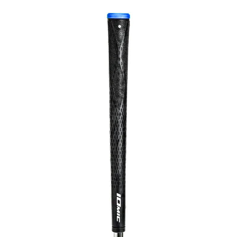TPE material golf club grip shown in various colours including pink, red, and two-tone black with blue head.