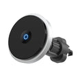 Silver 15W magnetic wireless car charger mounted on vehicle air vent with phone attached