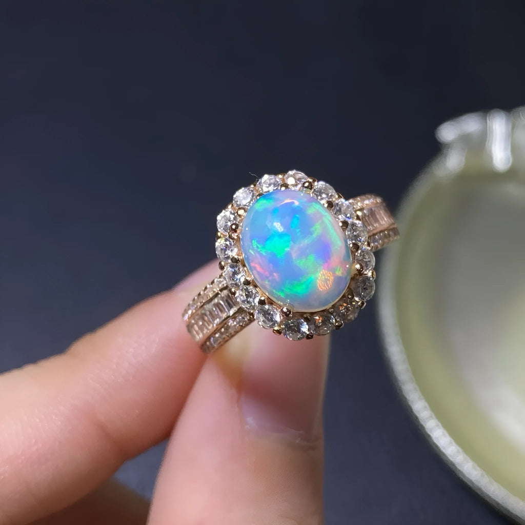 Natural opal stone ring in sterling silver with gold plating on open band