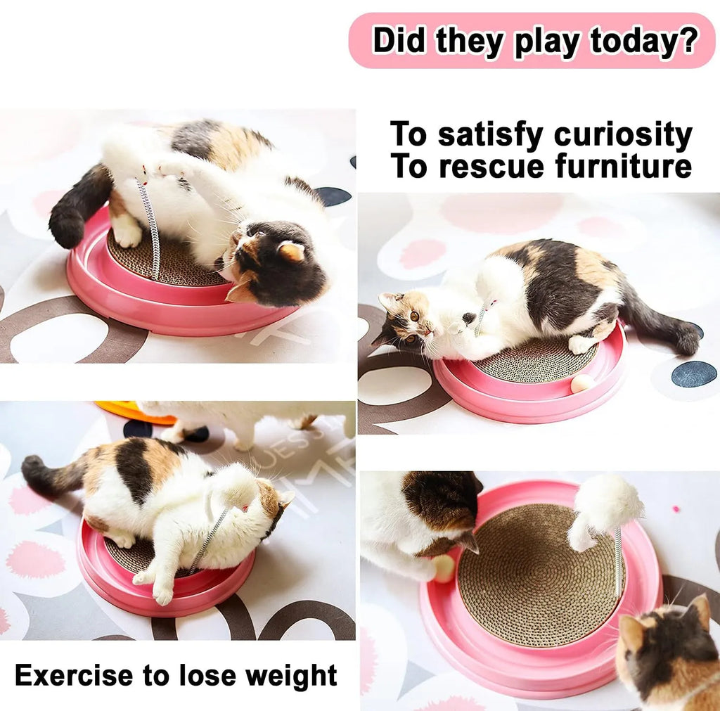 Blue interactive cat scratcher with ball track and replaceable scratch pad measuring 40cm square