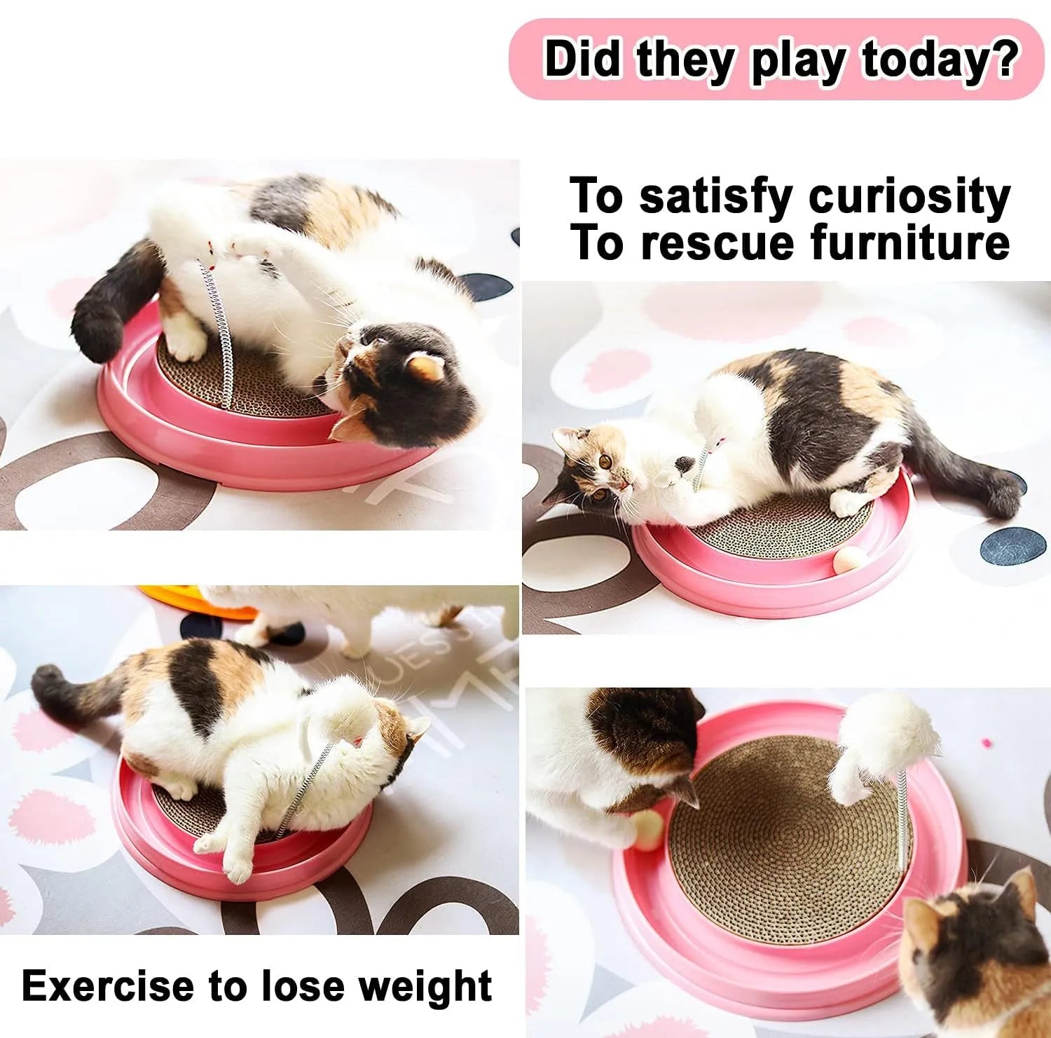Blue interactive cat scratcher with ball track and replaceable scratch pad measuring 40cm square