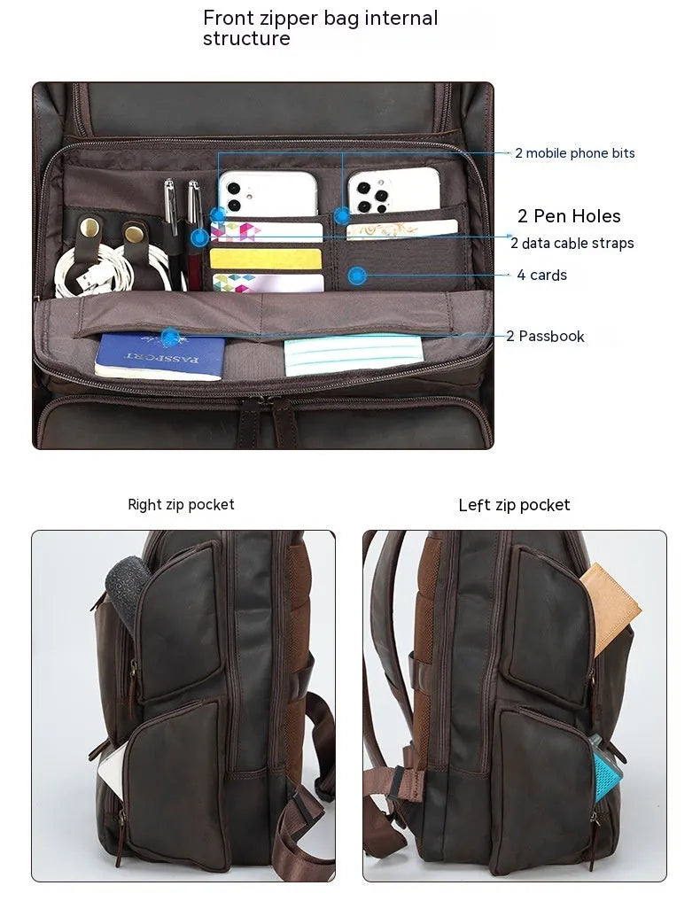 Dark brown retro leather backpack for a 17-inch laptop with double shoulder straps.