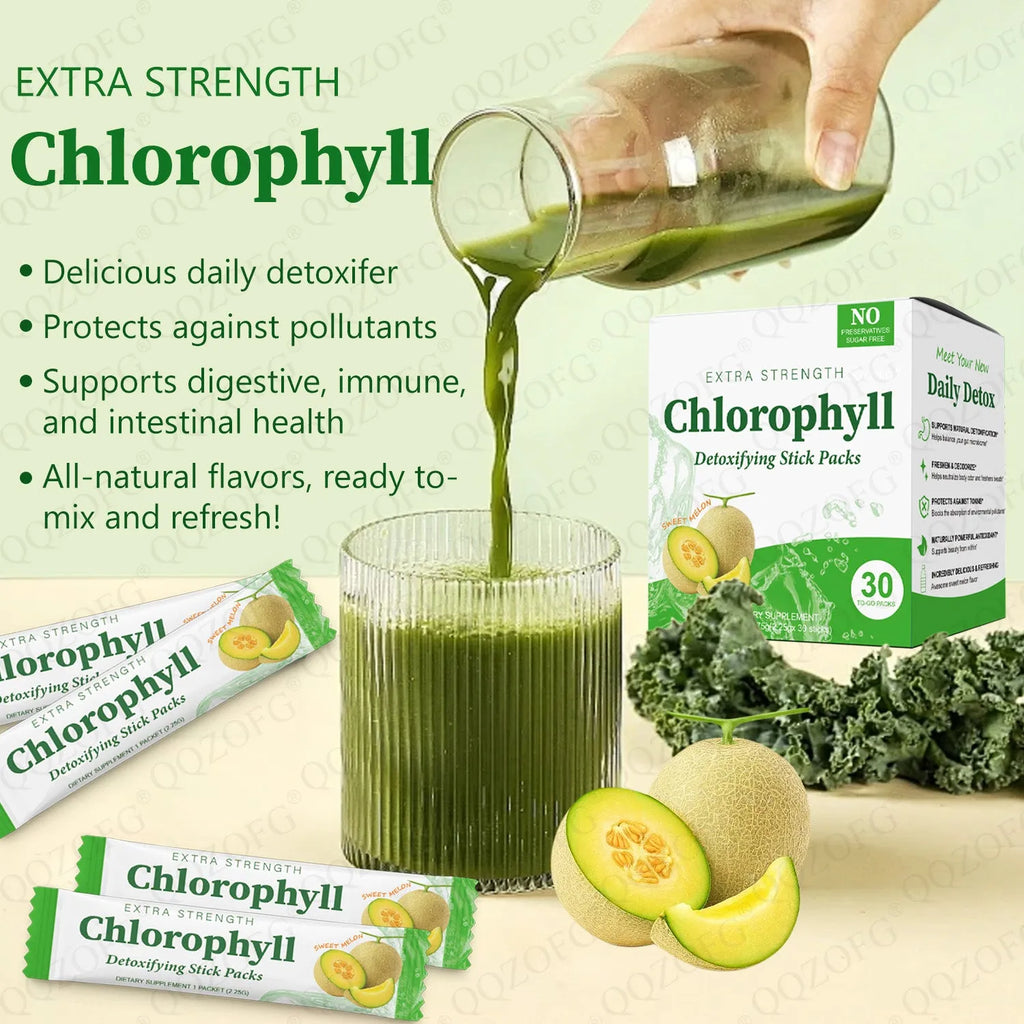Chlorophyll stick pack supplement with sweet melon flavour, 30 sachets per box